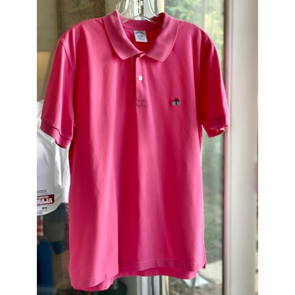 Brooks Bros Bubblegum Pink SS Cotton Polo Embroidered Logo Slim Fit Shirt Size L